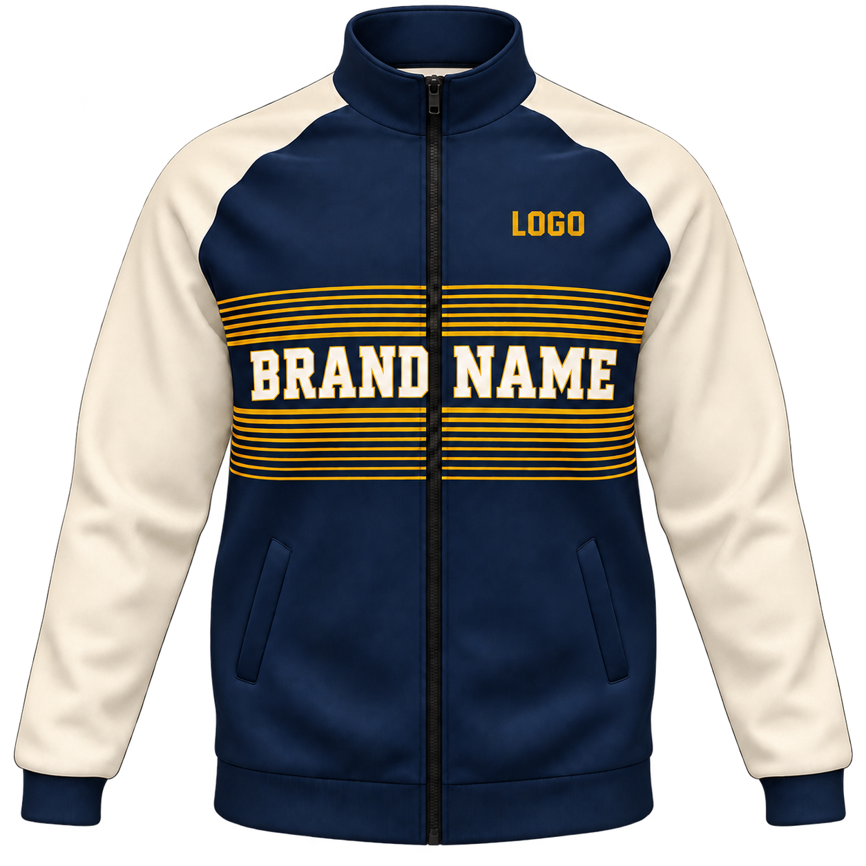 Navy and cream full-zip track jacket with gold stripes