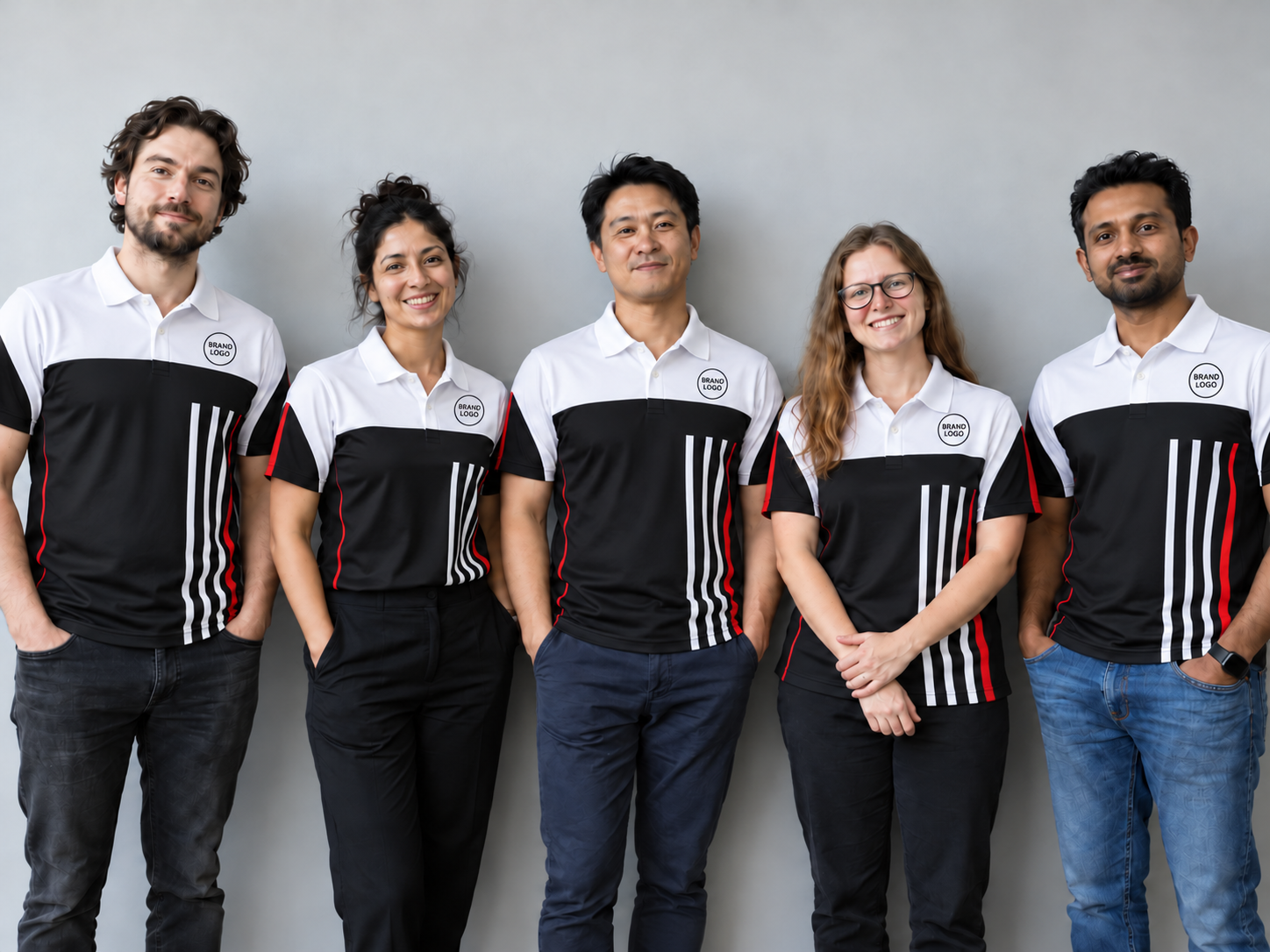 The same team in matching black and teal color-block polos