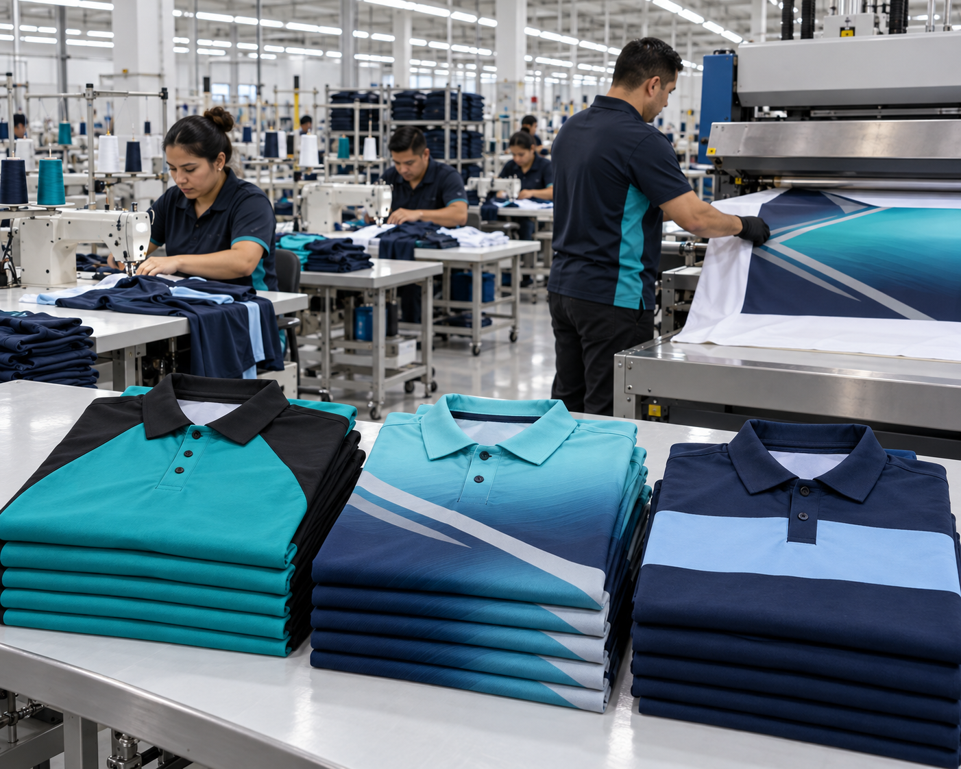 Genre Sports production floor in Las Vegas sewing sublimated polos
